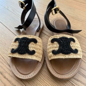 Celine Lympia Sandals in Raffia and Calfskin
